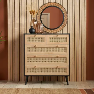 Mireya – 5-Drawer Chest in Natural Wood & Rattan Elegance Mireya – 5-Drawer Chest in Natural Wood & Rattan Elegance