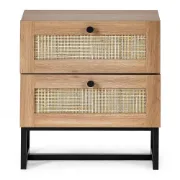 Mira Side Table – Natural Wood with Two Rattan Drawers and Elegant Black Metal Base