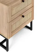 Mira Side Table – Natural Wood with Two Rattan Drawers and Elegant Black Metal Base