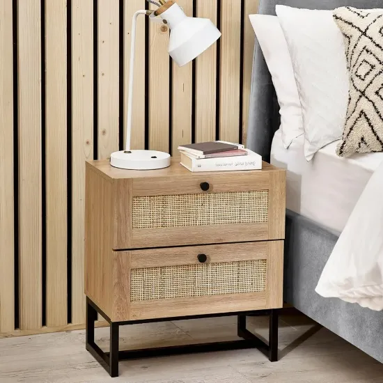 Mira Side Table – Natural Wood with Two Rattan Drawers and Elegant Black Metal Base