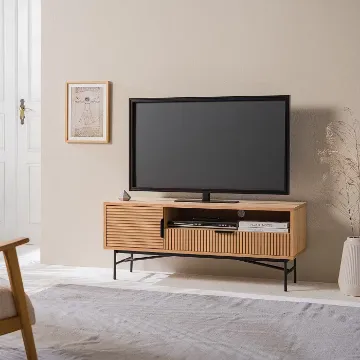 Show details for Zaro – Slatted Natural Wood TV unit with Metal Base Picture of Zaro – Slatted Natural Wood TV unit with Metal Base