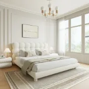 صورة السرير المُنجّد “كلوديل” بقاعدة من الخشب الطبيعي – بتصميم منحنيات ناعمة