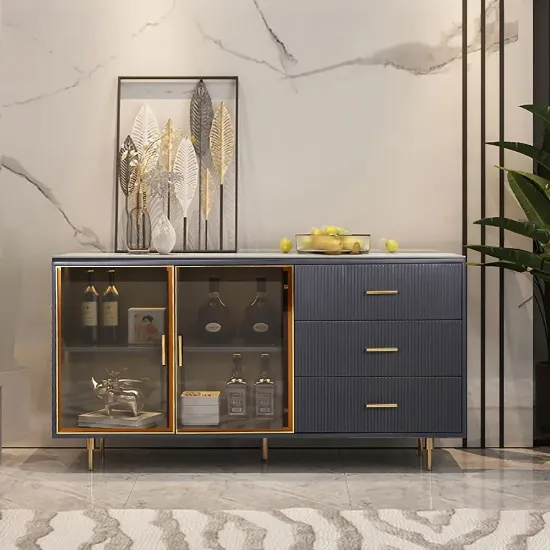 Picture of Glazino Bar Natural Wood Sideboard – Glass Doors & Gold Accents