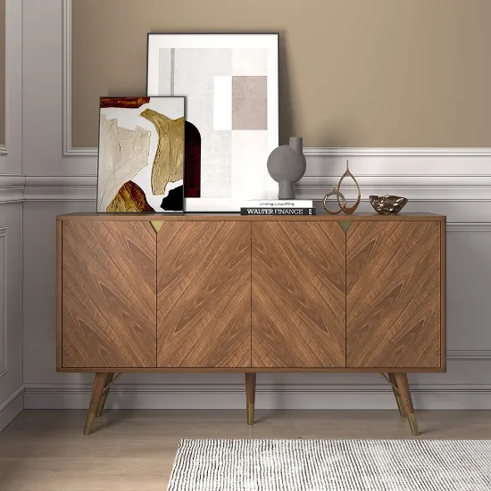 Picture of Zovaya Natural Wood Sideboard – Herringbone Doors with Brass Accents