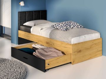 Show details for Arvo – Natural Wood Single Storage Bed with Upholstered Headboard Picture of Arvo – Natural Wood Single Storage Bed with Upholstered Headboard