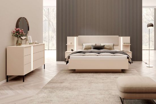 Picture of Elara Natural Wood Bedroom Set – Upholstered Headboard & Side Shelves
