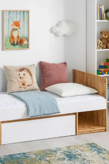 Picture of Nova – Natural Wood Single Bed with Storage Shelves and Bottom Drawer