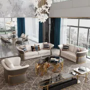 Aveline Sofa Set – 3-Seater Sofa & 2 Armchairs with Elegant Gold Accents