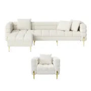 Amélis– Modern Natural Wood Sofa Set with Armchair and Ottoman, Golden Legs