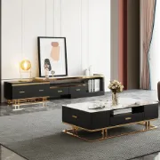 Nocturne – TV Unit & Coffee Table Set in Natural Wood and Golden Stainless Steel