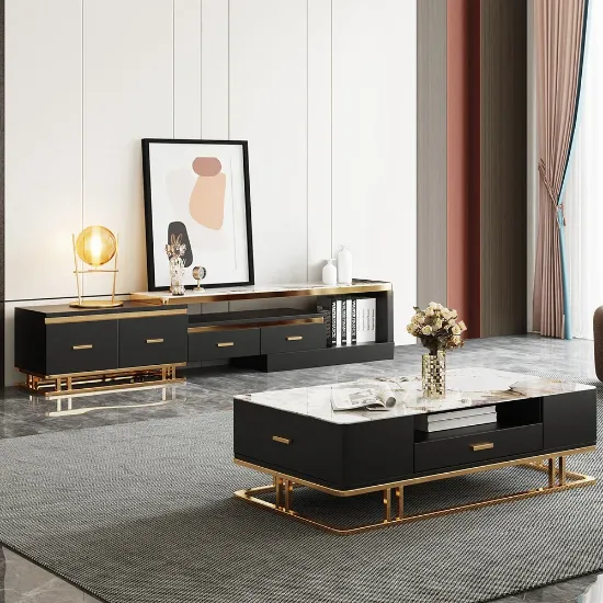 Nocturne – TV Unit & Coffee Table Set in Natural Wood and Golden Stainless Steel