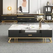Nocturne – TV Unit & Coffee Table Set in Natural Wood and Golden Stainless Steel