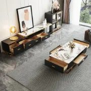 Nocturne – TV Unit & Coffee Table Set in Natural Wood and Golden Stainless Steel