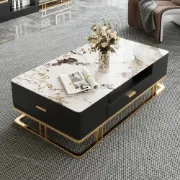Nocturne – TV Unit & Coffee Table Set in Natural Wood and Golden Stainless Steel