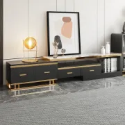 Nocturne – TV Unit & Coffee Table Set in Natural Wood and Golden Stainless Steel