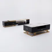 Nocturne – TV Unit & Coffee Table Set in Natural Wood and Golden Stainless Steel