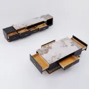 Nocturne – TV Unit & Coffee Table Set in Natural Wood and Golden Stainless Steel