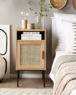 Calvia – Natural Wood Bedside Table with Tall Design & Woven Door Calvia – Natural Wood Bedside Table with Tall Design & Woven Door
