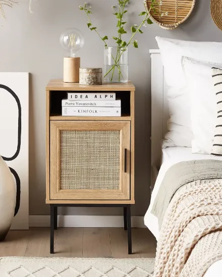 Calvia – Natural Wood Bedside Table with Tall Design & Woven Door