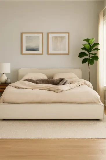 Picture of Noa Upholstered Bed with Natural Wood Base