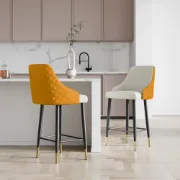 Élégance Bar Stool – Quilted Back with Gold Accents - Natural wood
