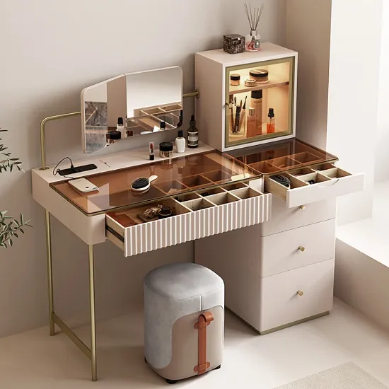Picture of Marvella Vanity Set – Glass Top with lighting Cabinet and Matching Chair