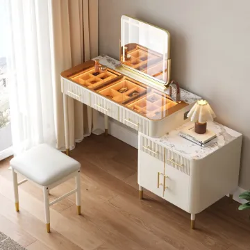 Velona Vanity Set – Natural Wood with Glass & Marble-Look Surfaces, LED Mirror & Chair Velona Vanity Set – Natural Wood with Glass & Marble-Look Surfaces, LED Mirror & Chair