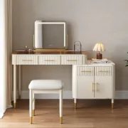 Velona Vanity Set – Natural Wood with Glass & Marble-Look Surfaces, LED Mirror & Chair