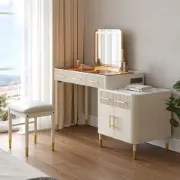 Velona Vanity Set – Natural Wood with Glass & Marble-Look Surfaces, LED Mirror & Chair