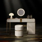 Amoura Vanity Set – Natural Wood with Matching Pouf, LED Mirror & Marble-Look Top