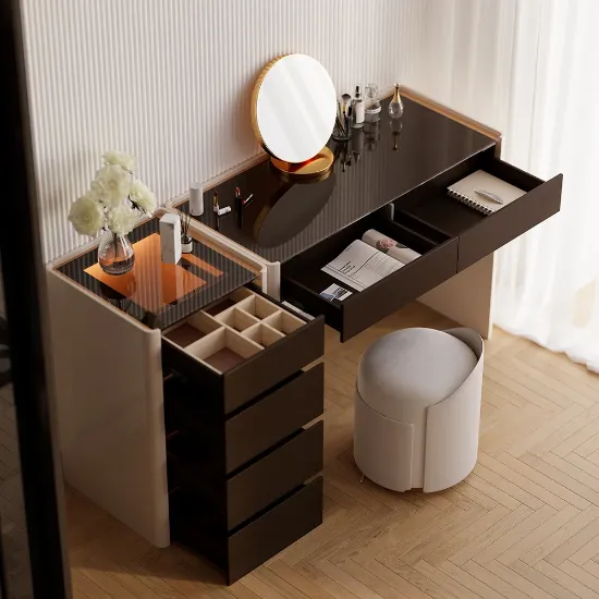 Vanity Set – Ébonie – Natural Wood with Smoked Glass Top, Organizer Drawers & Elegant Stool with Gold Base