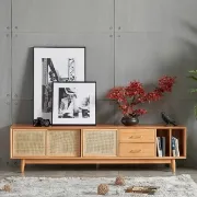 Picture of Lunari Natural Wood & Rattan TV Stand – Modern with Sliding Doors