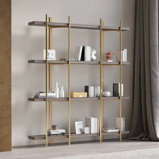 Aurore Display Shelf – Natural Wood & Gold Metal Frame