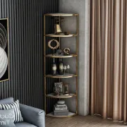 Élano Corner Display Shelf – Natural Wood with Gold Metal Frame