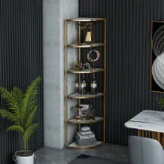 Élano Corner Display Shelf – Natural Wood with Gold Metal Frame