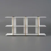 Vionna Low Display Shelf – White Wood with Gold Accents
