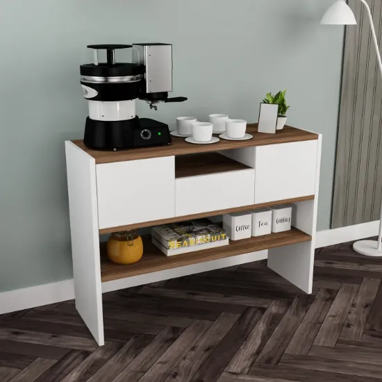Arlen Coffee Corner Cabinet – White & Natural Wood Open Storage Design
