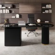 Zavello – Natural Wood Executive Desk with Marble-Look Surface & Gold Accent