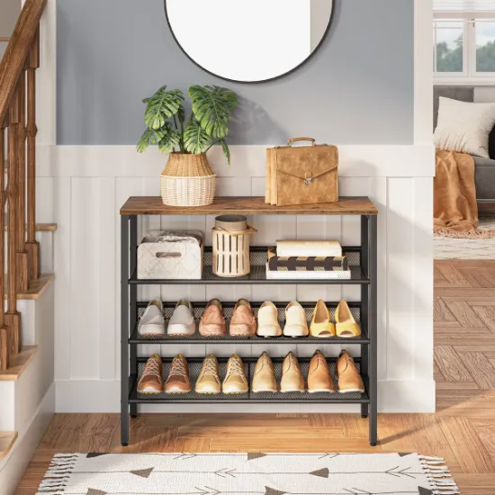Liora - Natural Wood Shoe Storage Unit with Metal Frame