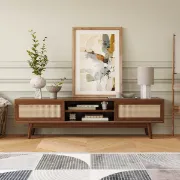 Marena – Modern TV Unit with Rattan Doors – Natural Wood