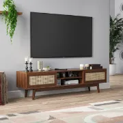Marena – Modern TV Unit with Rattan Doors – Natural Wood