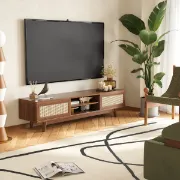 Marena – Modern TV Unit with Rattan Doors – Natural Wood
