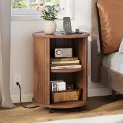 Luna – Round Side Table with Storage – Natural Wood