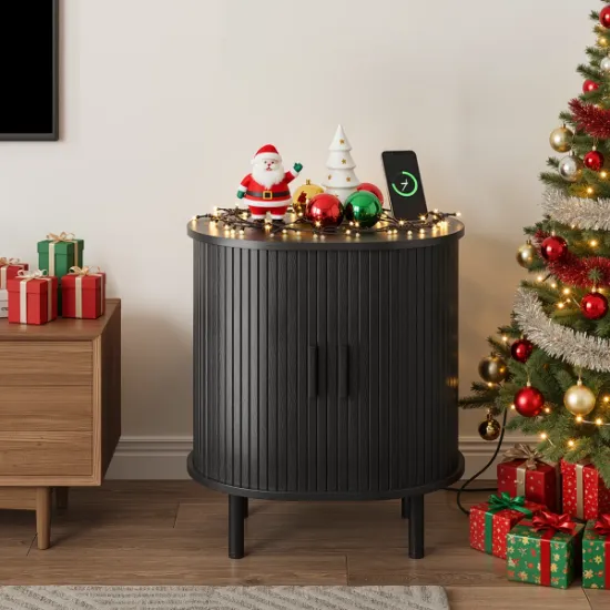 Lumin – Round Side Table with Storage & Charging – Natural Wood