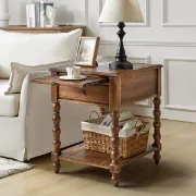 Heritage Side Table with Drawer & Shelf – Natural Wood
