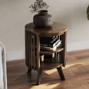 Klever Round Side Table with Slatted Design – Natural Wood