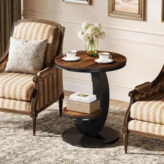 Cairo Side Table with Curved Design & Lower Shelf – Natural Wood