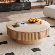 Elyra Round Coffee Table with Hidden Storage – Natural Wood