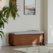 صورة Elara Storage Bench with Cushioned Seat – Natural Wood