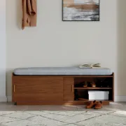 صورة Elara Storage Bench with Cushioned Seat – Natural Wood